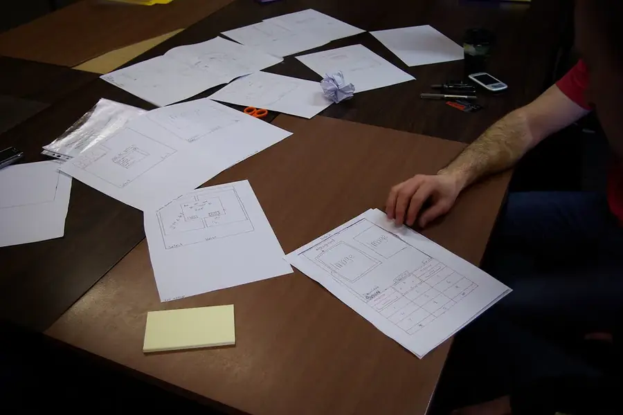 Paper screen sketches spread across a dark table while a hand arranges them into a sequence